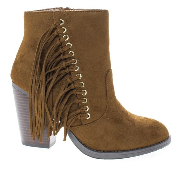 New Women Soda Dimple Cognac Suede Round Toe Fringe Western Ankle Bootie Size 10 - Picture 1 of 8